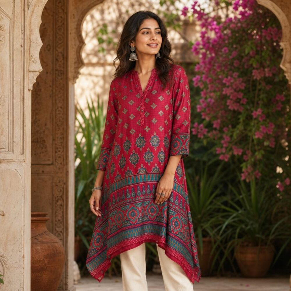 Global Desi Women’s Red Maroon Tunic Indian Kurta M 3/4 Sleeve